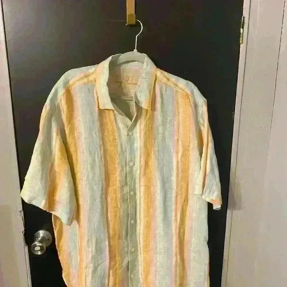 Tommy Bahama Shirt Mens XL Short Sleeve Button Up Striped 100% Linen